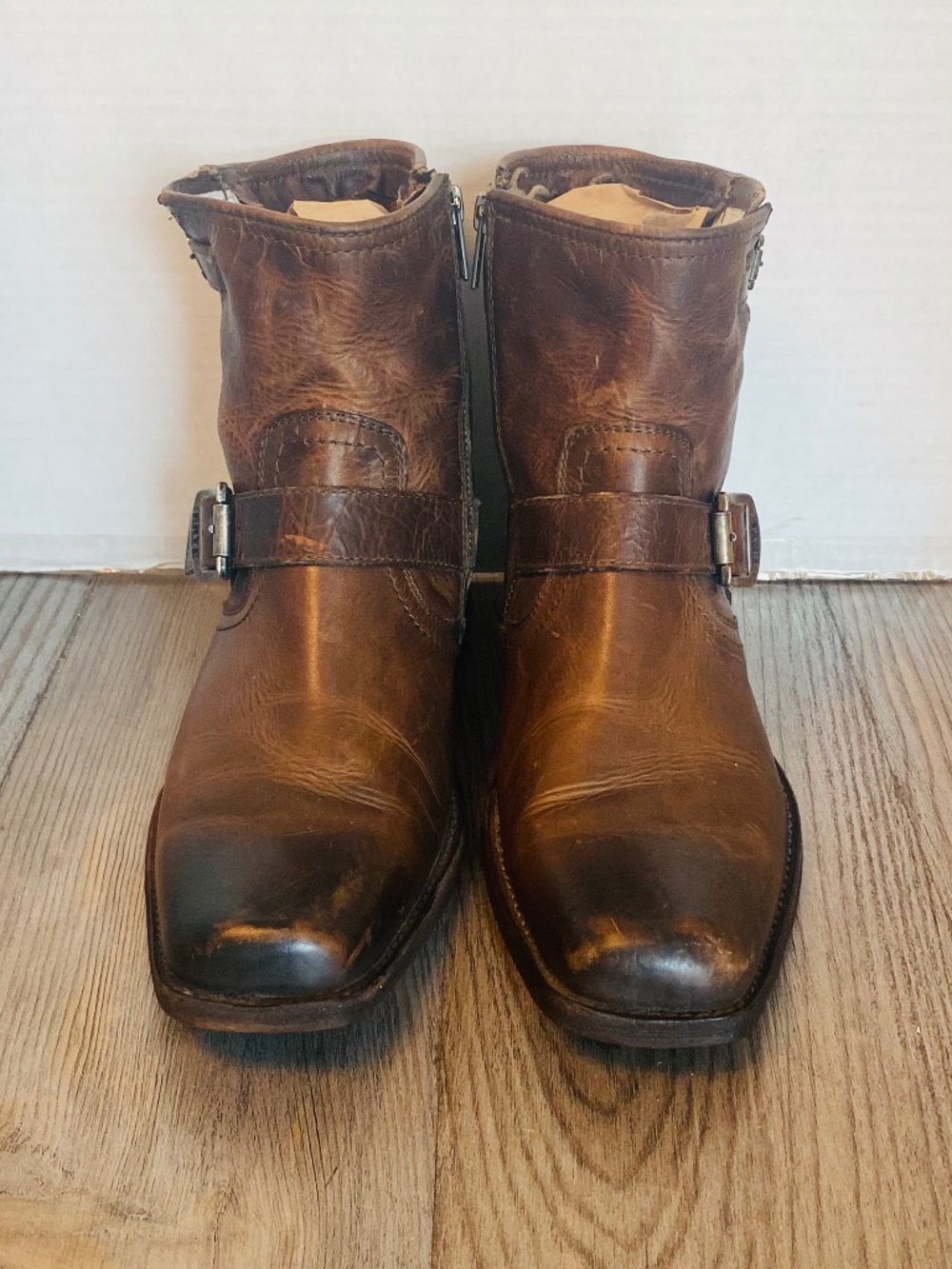 Frye, Tyler Engineer Womens Brown Leather Zip Up Biker Boots, 9B.
